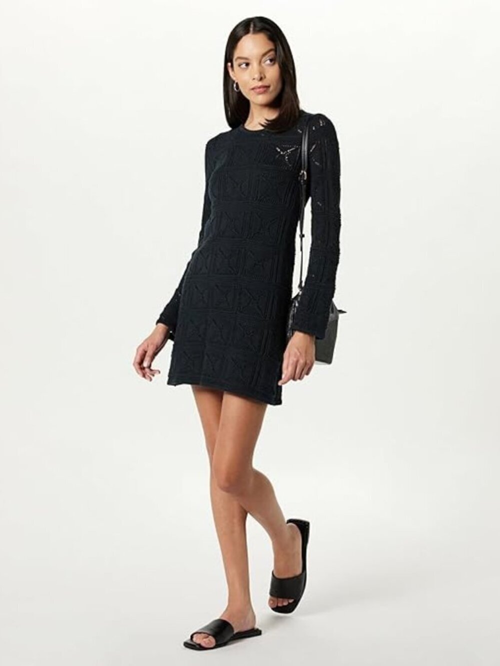 The Drop Laney Crochet Micro Mini Dress Black Long Sleeve NWT Size Medium